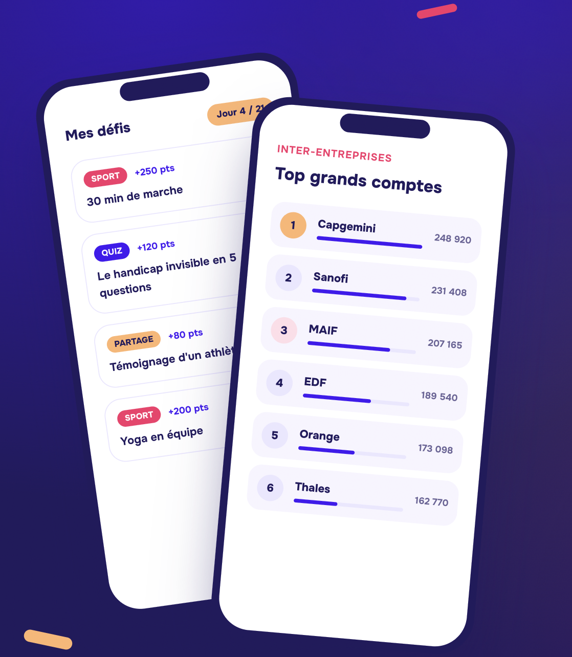 L'app United Heroes : ecran des defis quotidiens et classement inter-entreprises