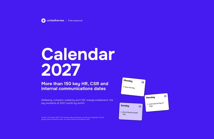 Cover of the United Heroes 2027 calendar: 150+ key HR, CSR and internal communications dates