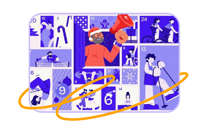 Illustrated United Heroes advent calendar with sporty and festive challenges, image for the article on Christmas challenges at work