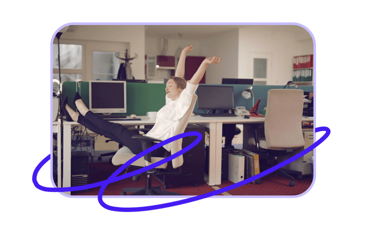 Side view of cheerful female employee in formal outfit sitting on office chair with crossed legs on desk and stretching while resting during work with closed eyes