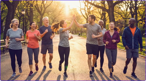 Grupo de compañeros en ropa deportiva caminando y corriendo juntos en un parque