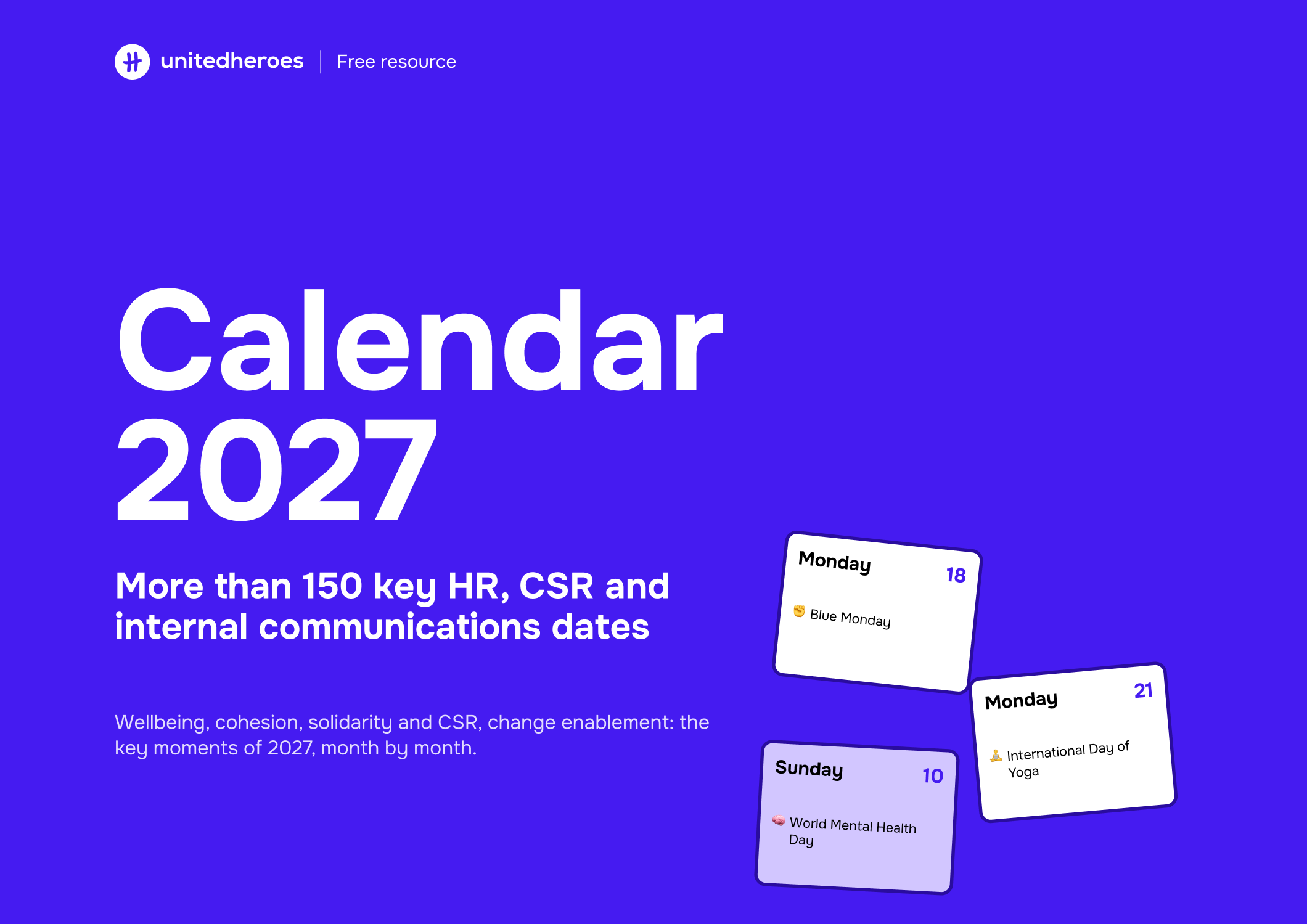 Cover of the United Heroes 2027 calendar: more than 150 key HR, CSR and internal communications dates