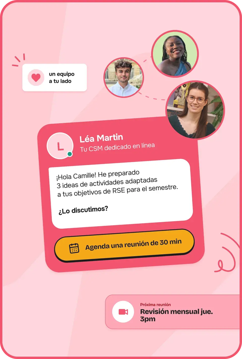 Pantalla Mi acompañamiento de la app United Heroes: intercambio con su CSM dedicada y recomendaciones personalizadas