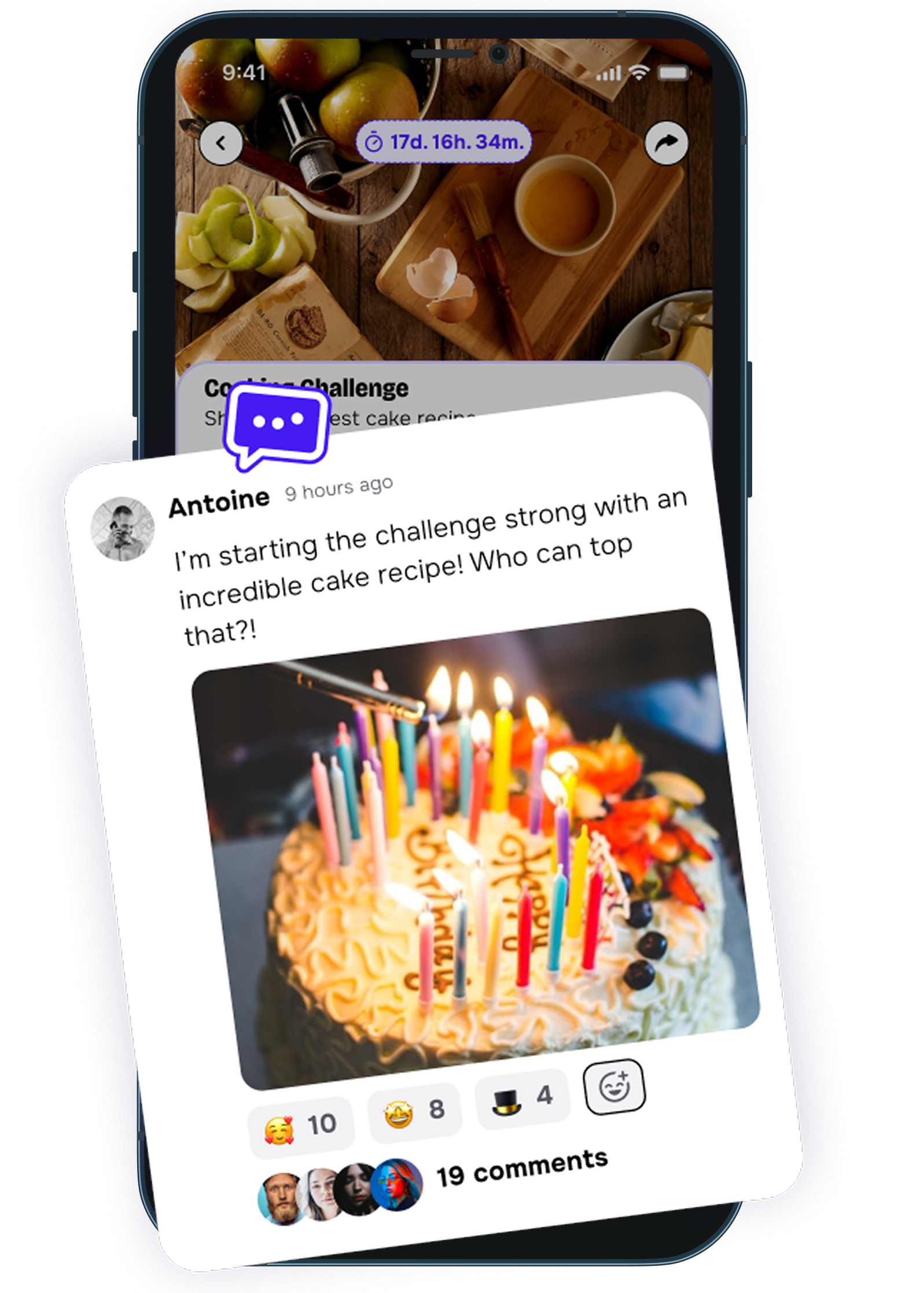 United Heroes app: a team challenge feed with comments