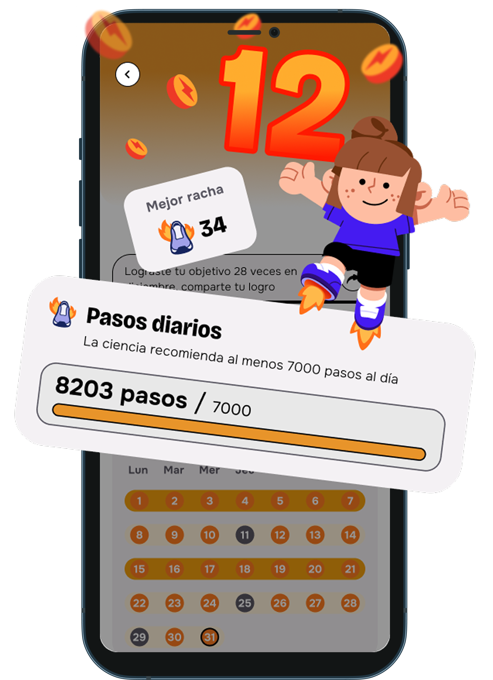App United Heroes: racha de pasos diarios y mejor racha